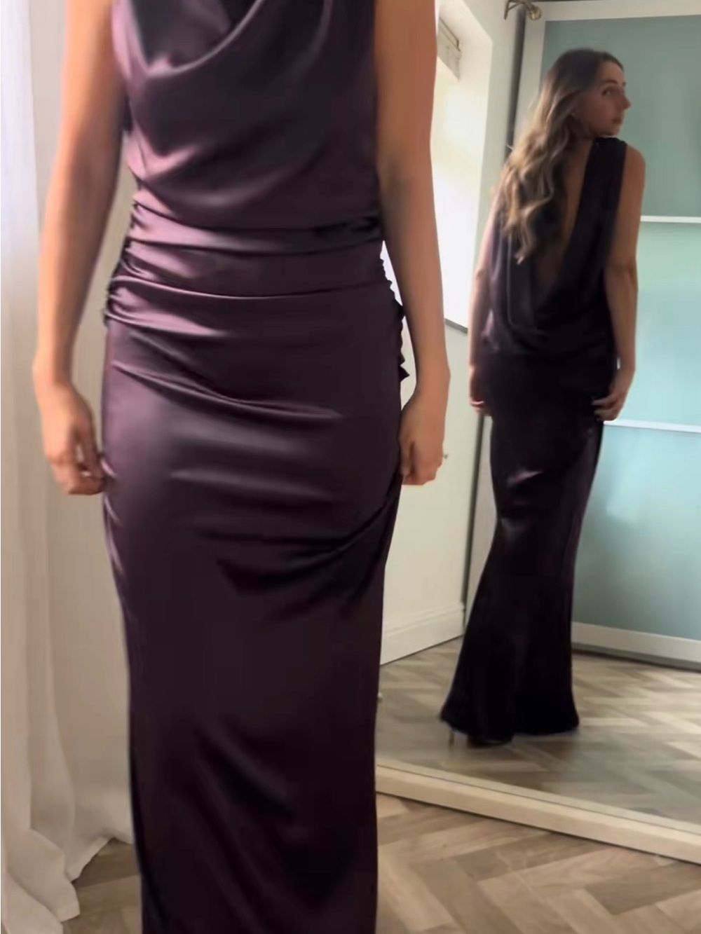 Zara Satin Cowl-Back Maxi Dress in Plum